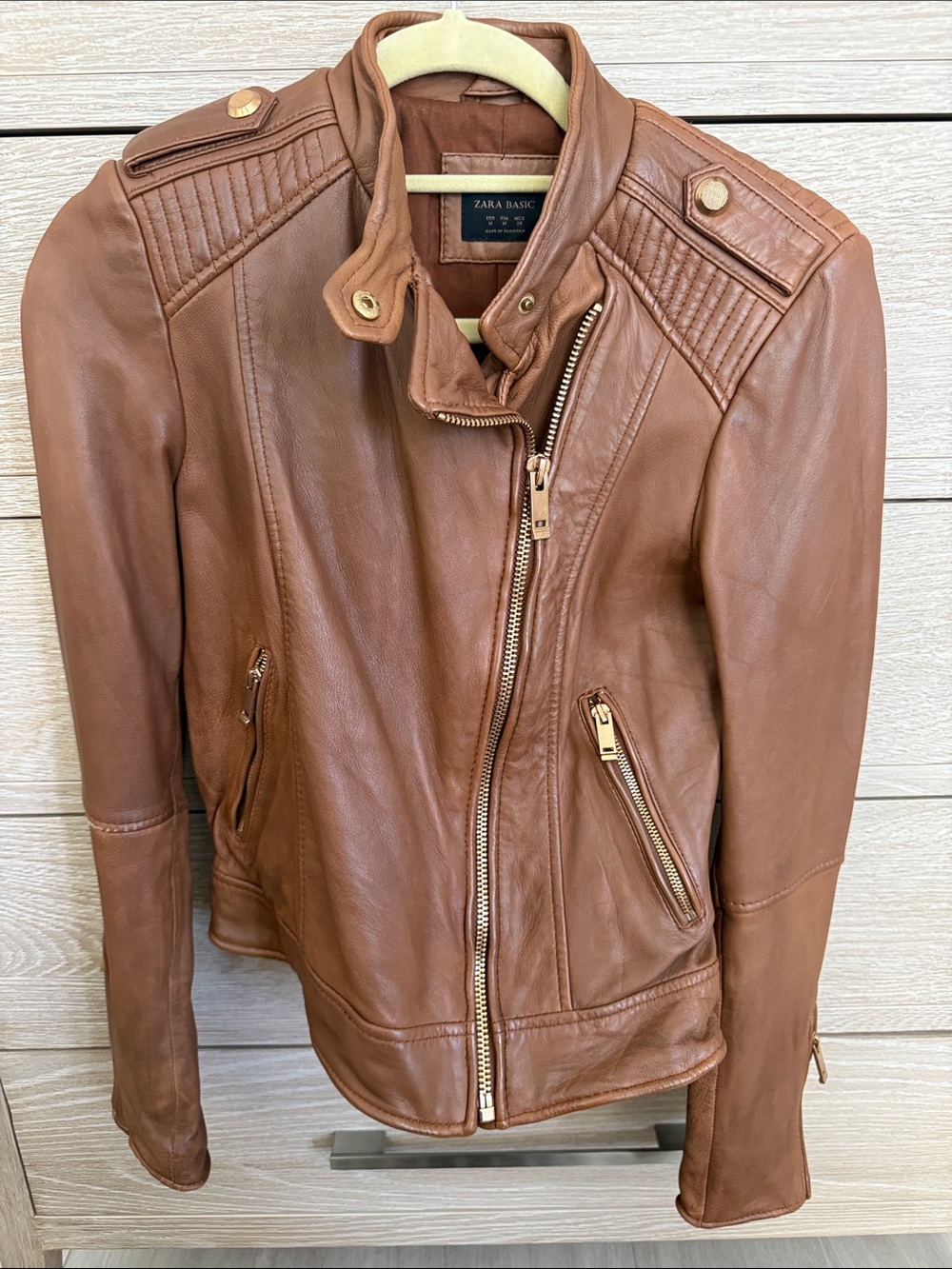Zara Brown Leather Moto Jacket with Quilted Shoulders